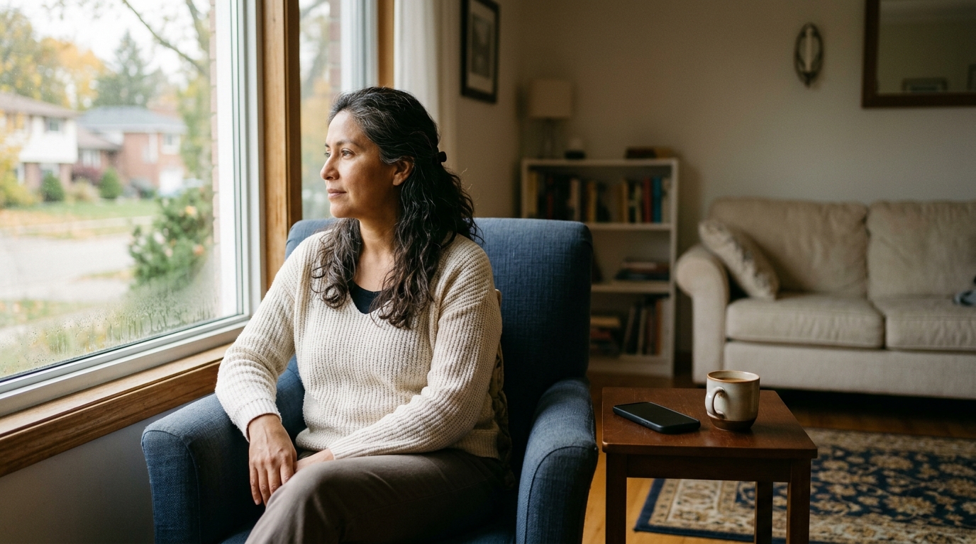 An Ontario homeowner seated by a window with a phone on the side table