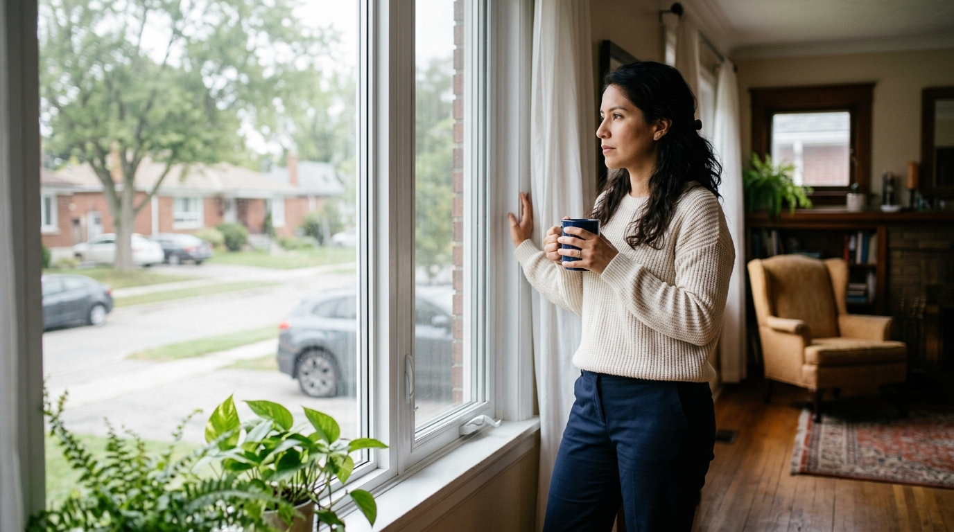An Ontario homeowner standing at a front window in the morning
